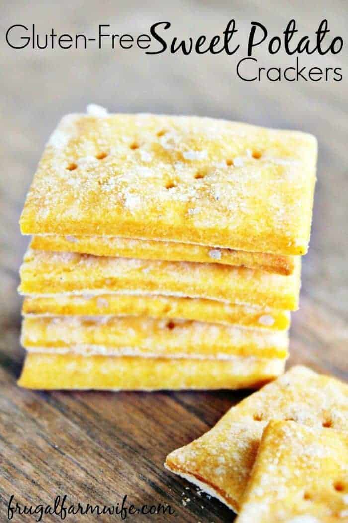 Image shows a stack of crackers with text that reads "Gluten-Free Sweet Potato Crackers"