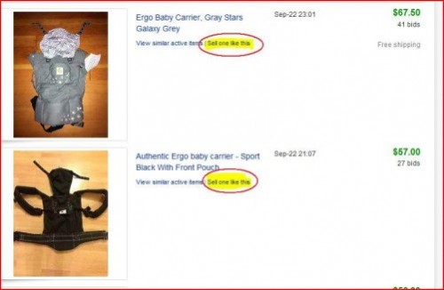 Image shows an eBay sales page with two baby carriers on it, with text highlighted to illustrate how to sell similar items.
