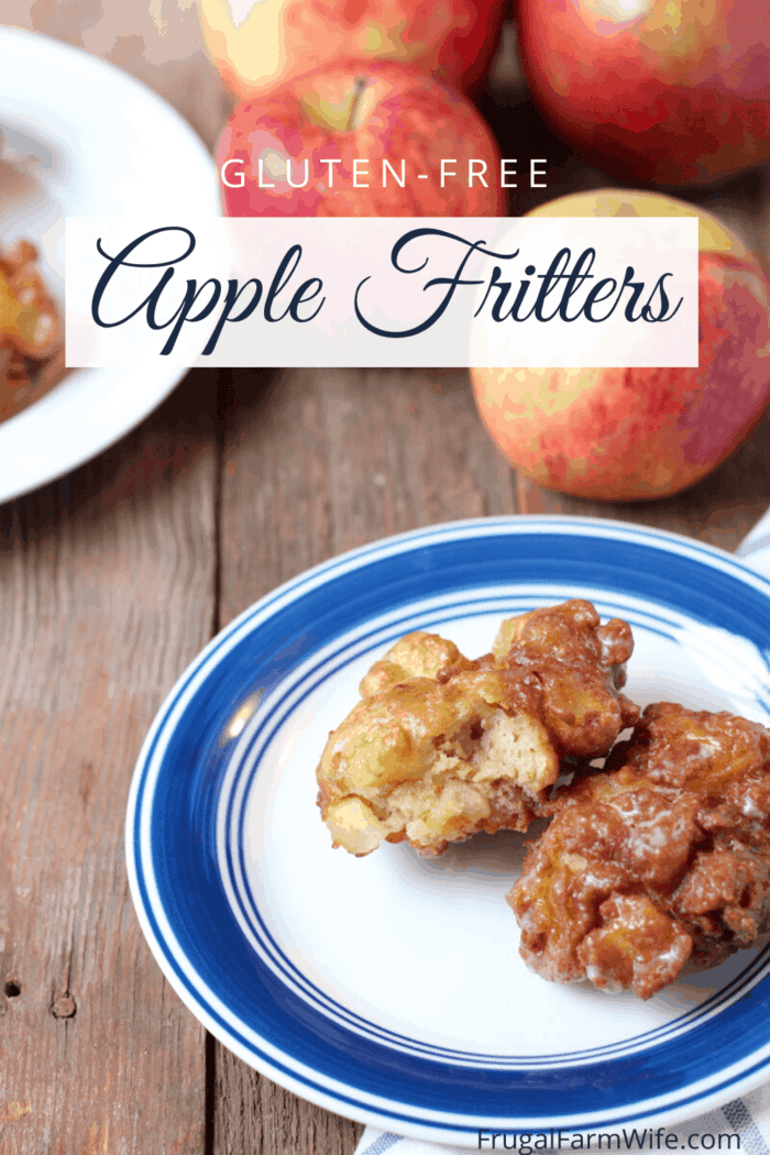 Photo shows apple fritters on a white and blue plate next to several apples with text that reads "gluten-free apple fritters"
