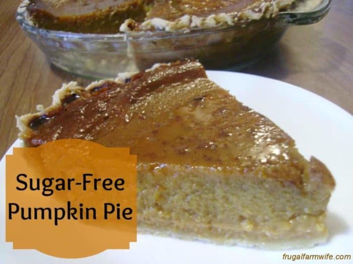 Image shows a slice of pumpkin pie, with text that reads "sugar-free pumpkin pie"