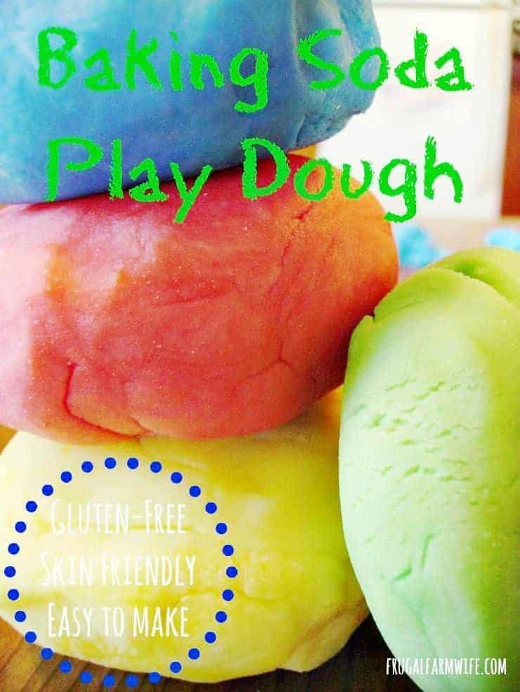 Image shows several balls of homemade play dough stacked, with text overlay that reads "Baking Soda Play Dough"