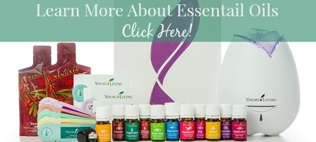 Image shows a set of Young Living Essential Oils with text that reads "Learn More About Essential Oils Click Here"