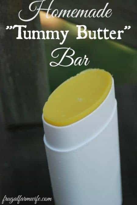 Image shows a bar of body butter in a white tube with text that reads "Homemade Tummy Butter Bar"