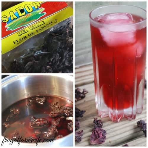 Image shows a collage of ingredients to make iced hibiscus tea