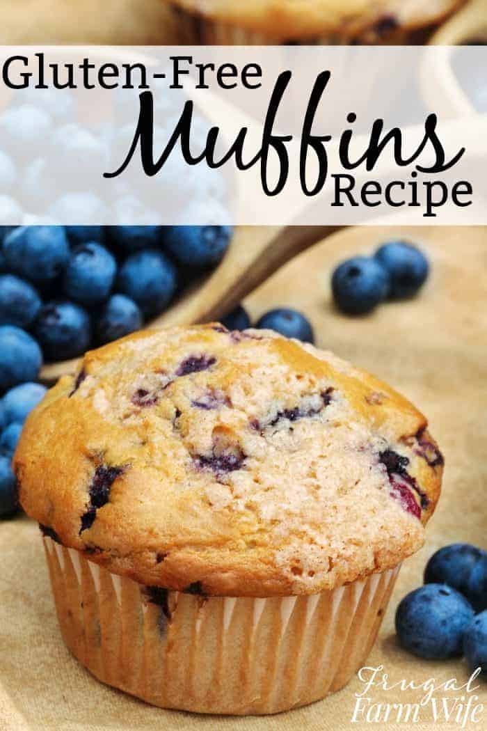 Image shows a close up of a blueberry muffin with text that reads "Gluten-Free Muffins Recipe"