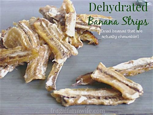 Image shows a pile of dehydrated bananas with the text "Dehydrated Banana Strips"