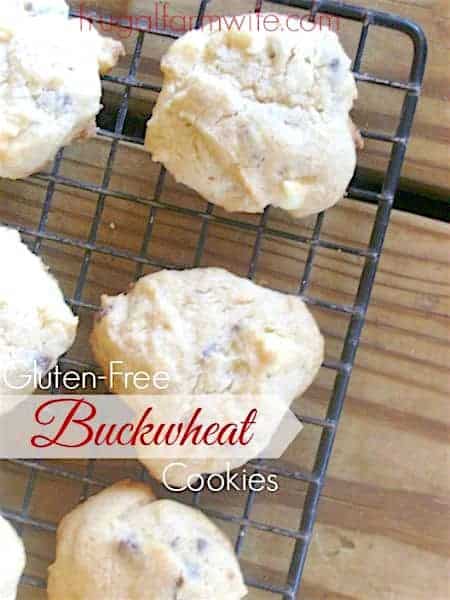 Image shows a close up of buckwheat cookies on a cooling rack