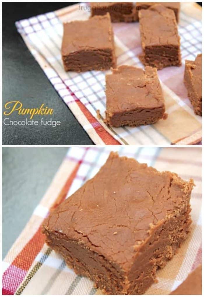 Images shows pieces of pumpkin fudge on a towel with text that reads "Pumpkin Chocolate Fudge"