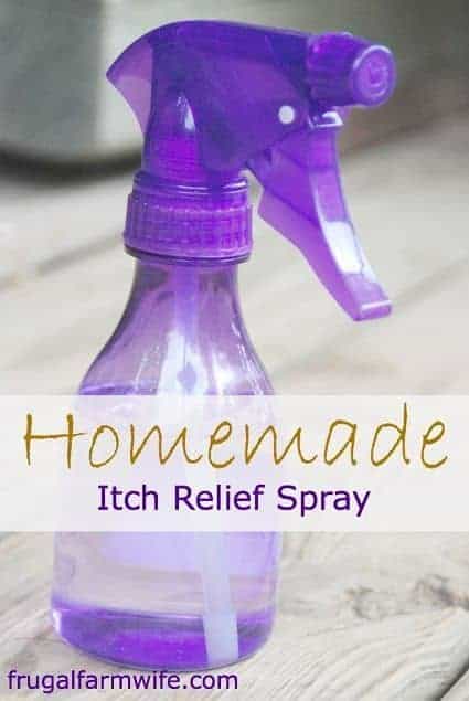 Image shows a purple spray bottle sitting on a table with text overlay that reads "Homemade Itch Relief Spray"