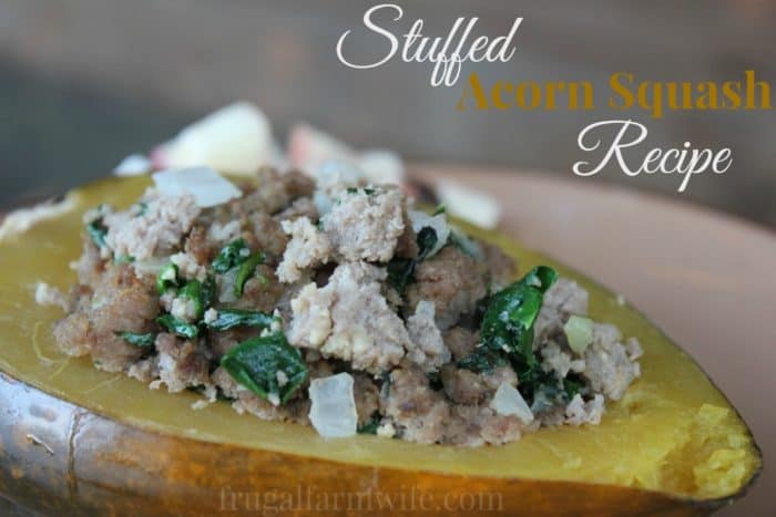 Image shows an acorn squash with fillings and text that reads "Stuffed Acorn Squash Recipe"