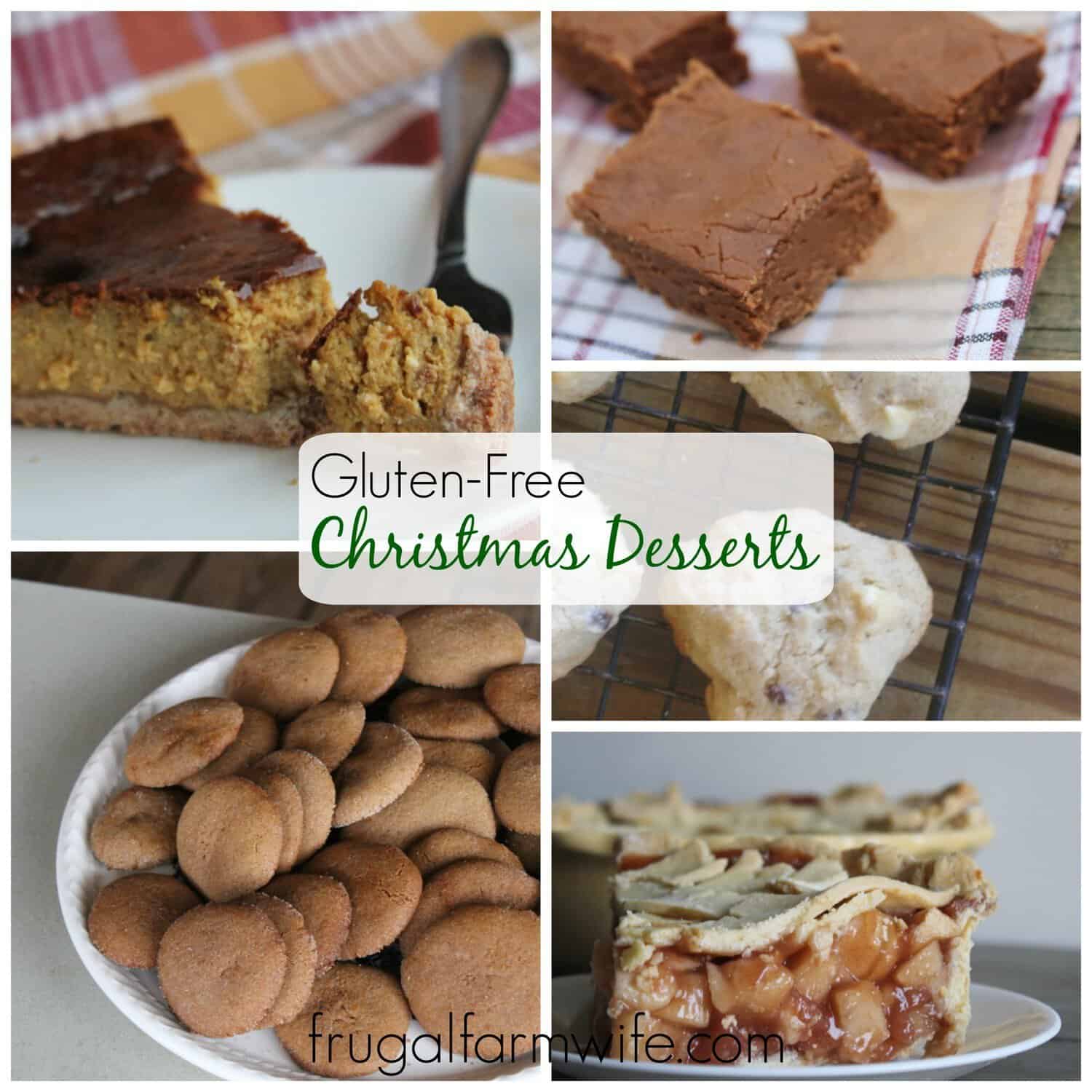 Image shows a collage of several different gluten free Christmas desserts, from pie to bars to cookies. Text overlay reads "Gluten-Free Christmas Desserts"