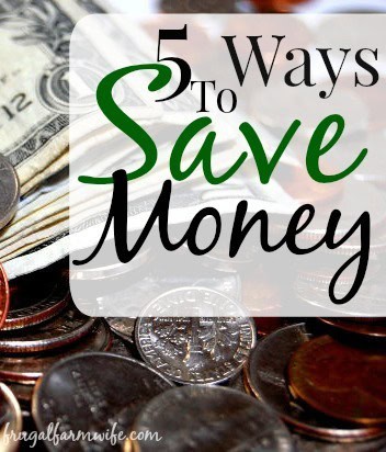 Image shows a pile of dollar bills and coins with text overlay that reads "5 Ways to Save Money"