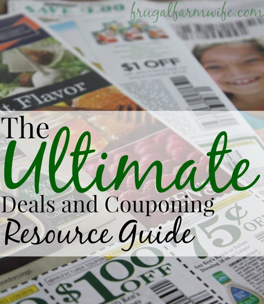 Image shows stacks of coupon ads spread out with text overlay that reads "The Ultimate Deals and Couponing Resource Guide"