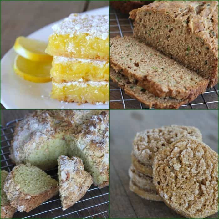 Image shows a collage of gluten free recipes you will find on Frugal Farm Wife- breads, bars and cookies.