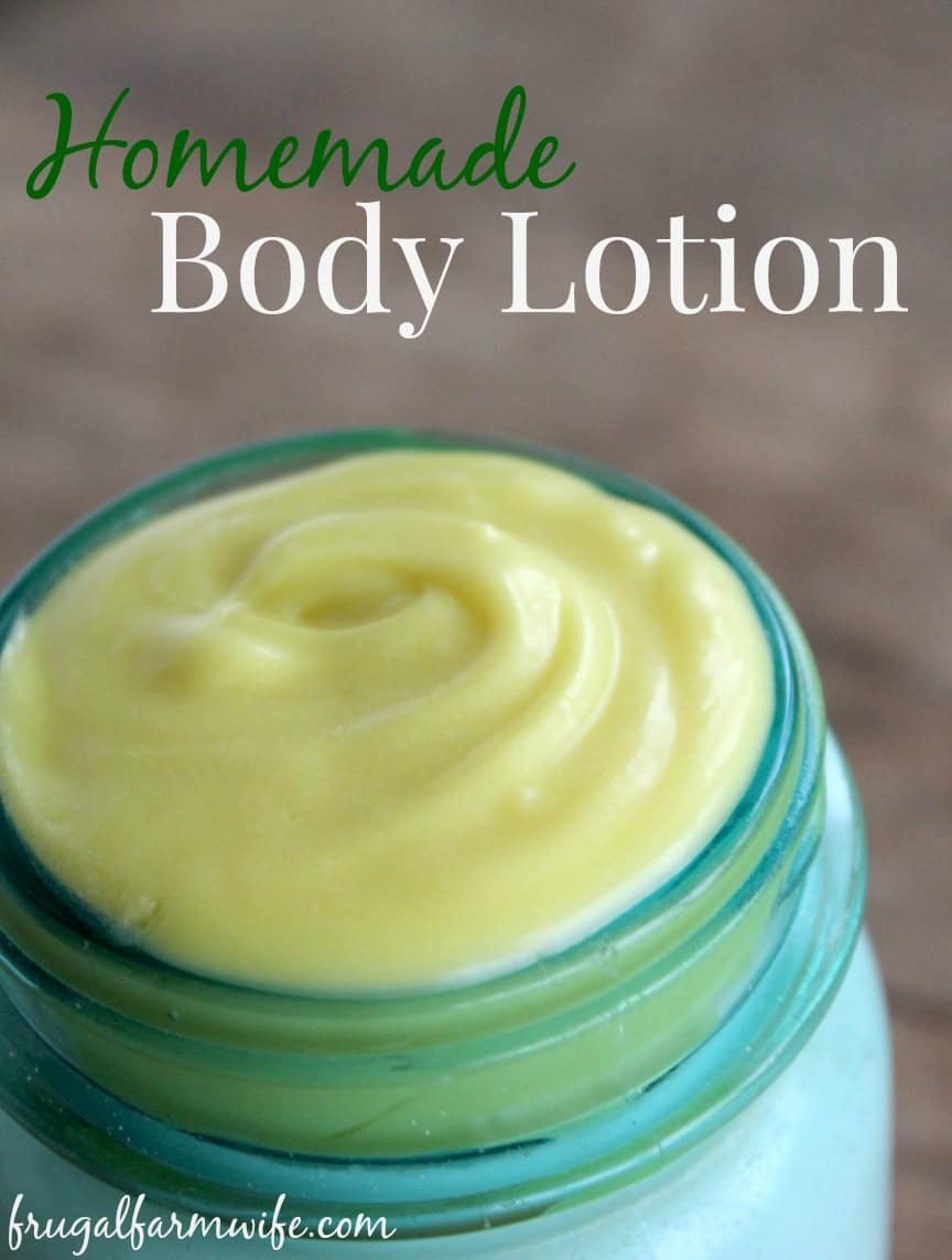 Image shows a close up of a jar of lotion with text above  that reads "Homemade Body Lotion"
