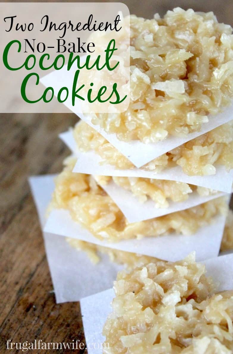 Image shows a close up of a stack of no-bake coconut cookies, stacked on parchment paper, with text that reads "Two Ingredient no-bake coconut cookies"