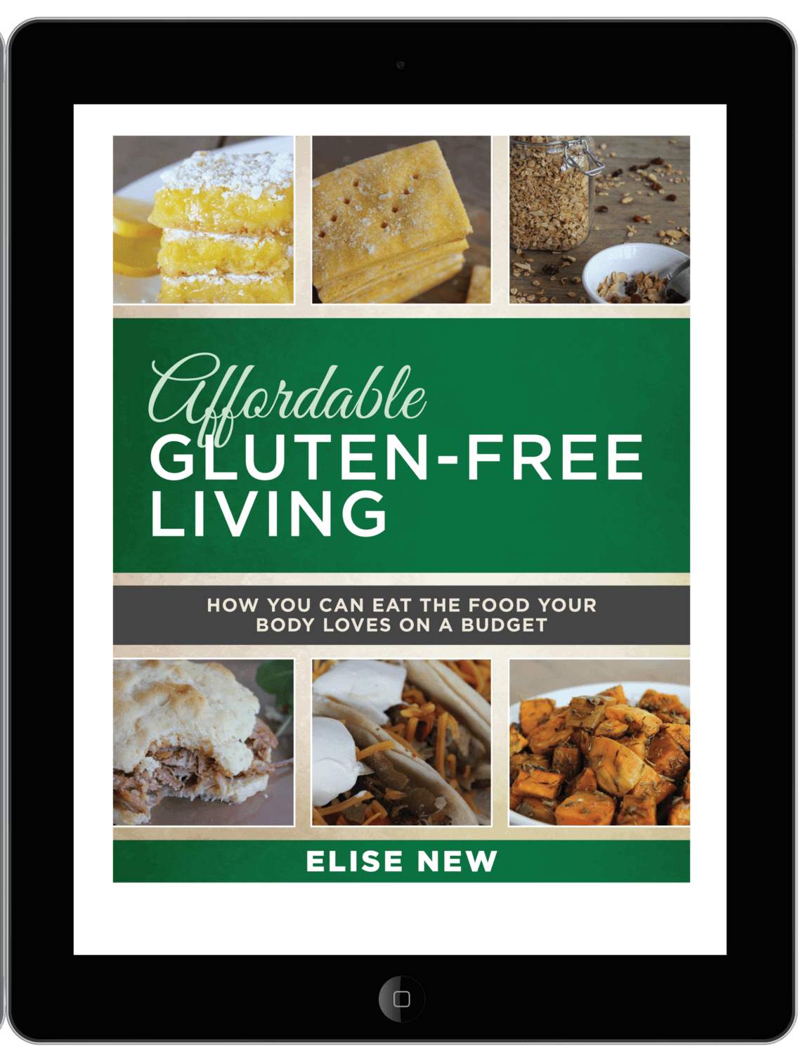 Image shows the ebook "Affordable Gluten-Free Living" on an iPad