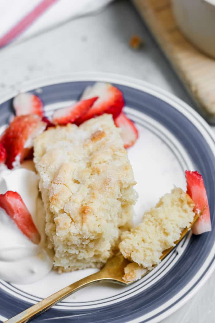 Photo shows strawberry shortcake on a plate