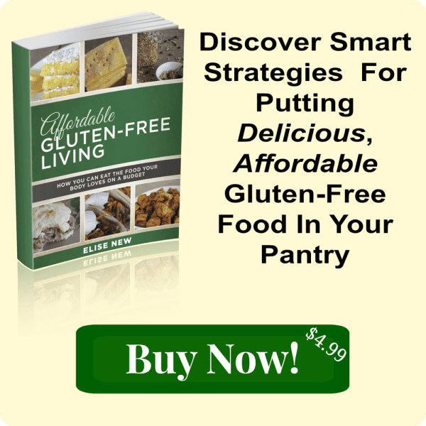 Image shows a copy of "Affordable Gluten-Free Living" with text that reads "Discover Smart Strategies for Putting Delicious, Affordable Gluten-Free Food in Your Pantry"