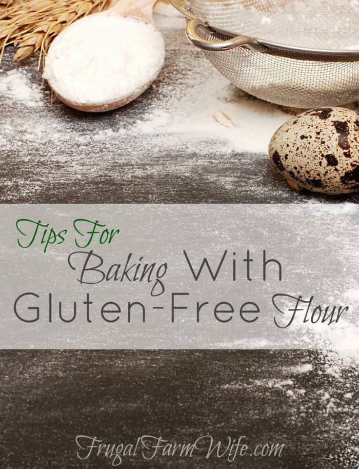 Image shows a spoonful of flour and sifter on a table with text that reads "Tips for Baking With Gluten-Free Flour"