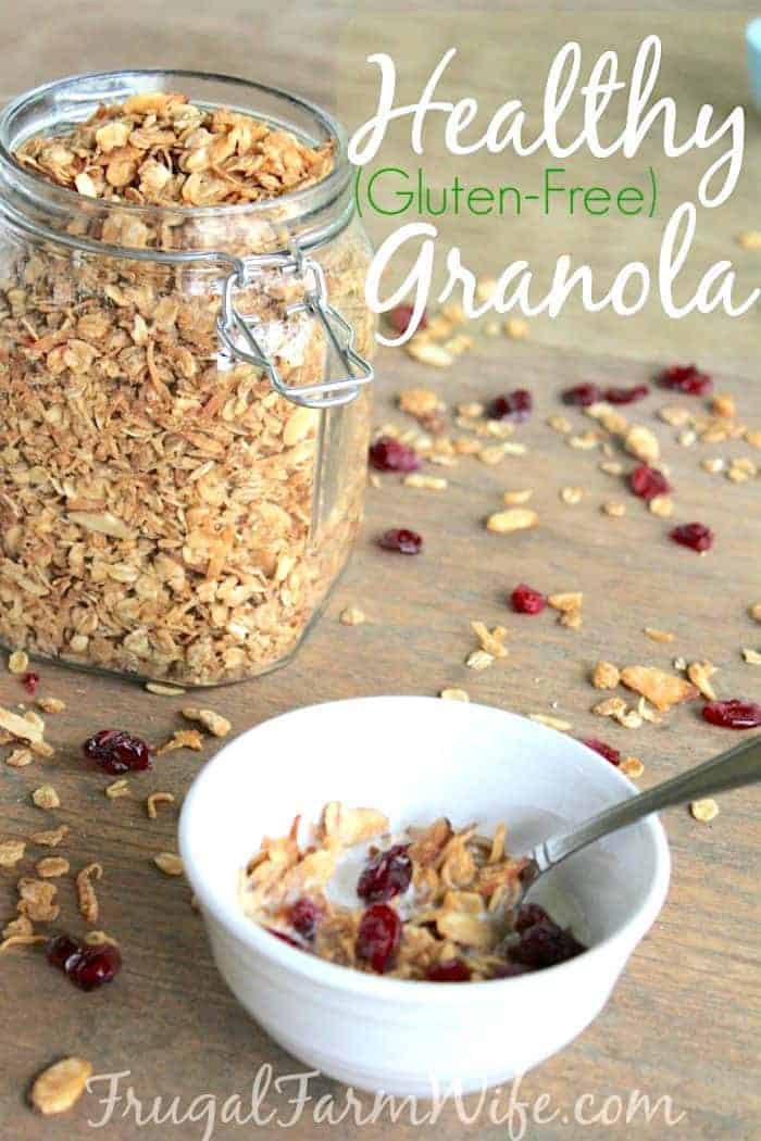 Image shows a jar of home made granola with text that reads "Healthy gluten-free granola"