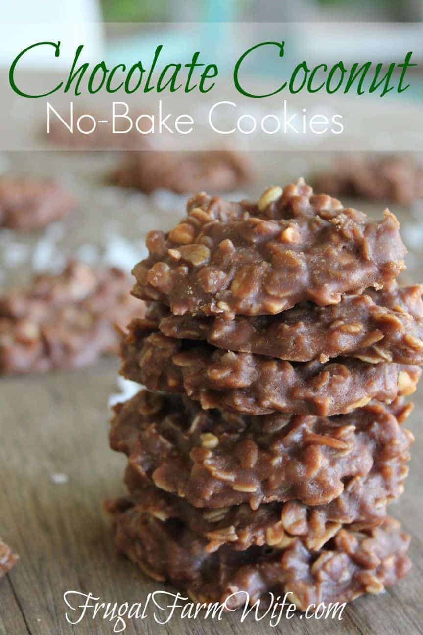 Image shows a close up of chocolate coconut no-bake cookies stacked on one another, with text that reads "Chocolate Coconut No-Bake Cookies"