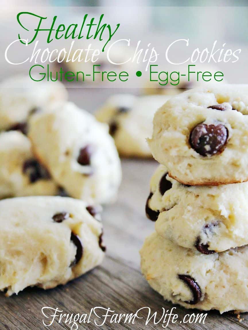 Image shows a close up of gluten free and egg free chocolate chip cookies stacked on one another. Text above reads "Healthy Chocolate Chip Cookies"