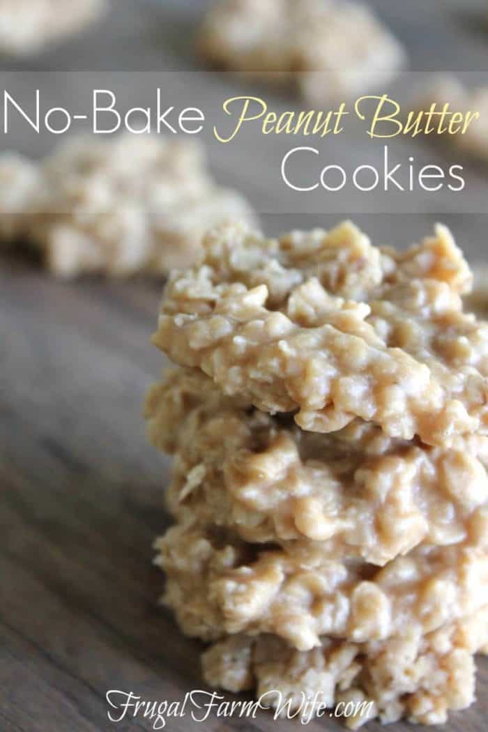Image shows a close up of peanut butter cookies with text that reads "No-Bake Peanut Butter Cookies"