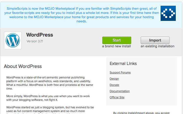 Image shows a screenshot of the WordPress page on Bluehost, to start installing and creating your own blog. 