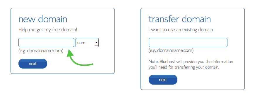 Image shows screenshots from Bluehost's page to enter and transfer your domains.