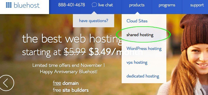Image shows a screenshot of a Bluehost page for web hosting. "Shared hosting" is circled from a drop down menu in green. 