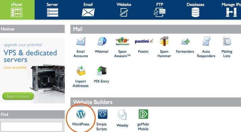 Image shows a screenshot of the control panel page for Bluehost. The WordPress logo is circled in red.