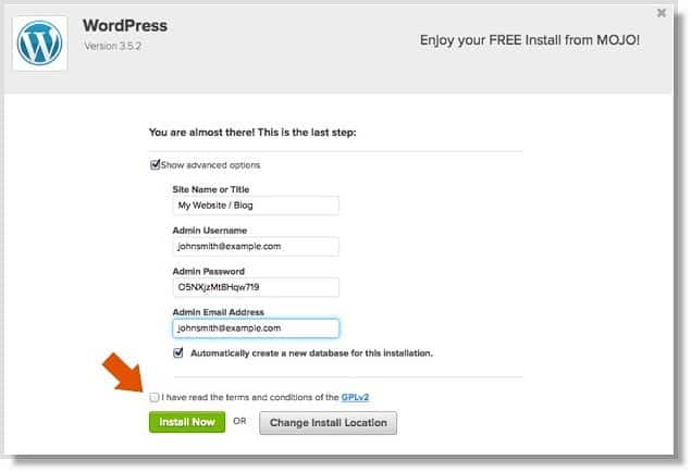 Image shows a screenshot of WordPress on the Bluehost site, to install and register a domain with WordPress.