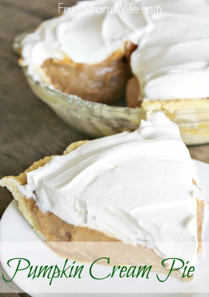 Image shows a slice of pie on a plate with text that reads "Pumpkin Cream Pie"