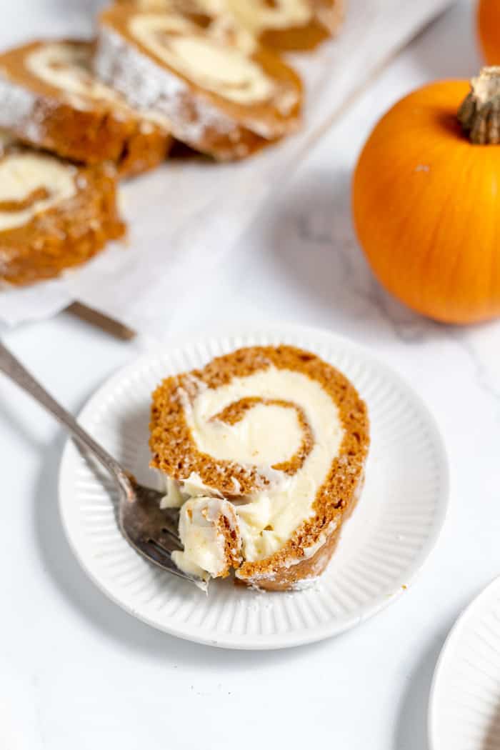 slice of pumpkin roll on a plate