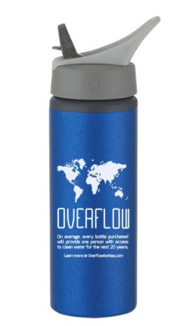 Image shows a blue water bottle with text that reads "Overflow" and a map of the world on it
