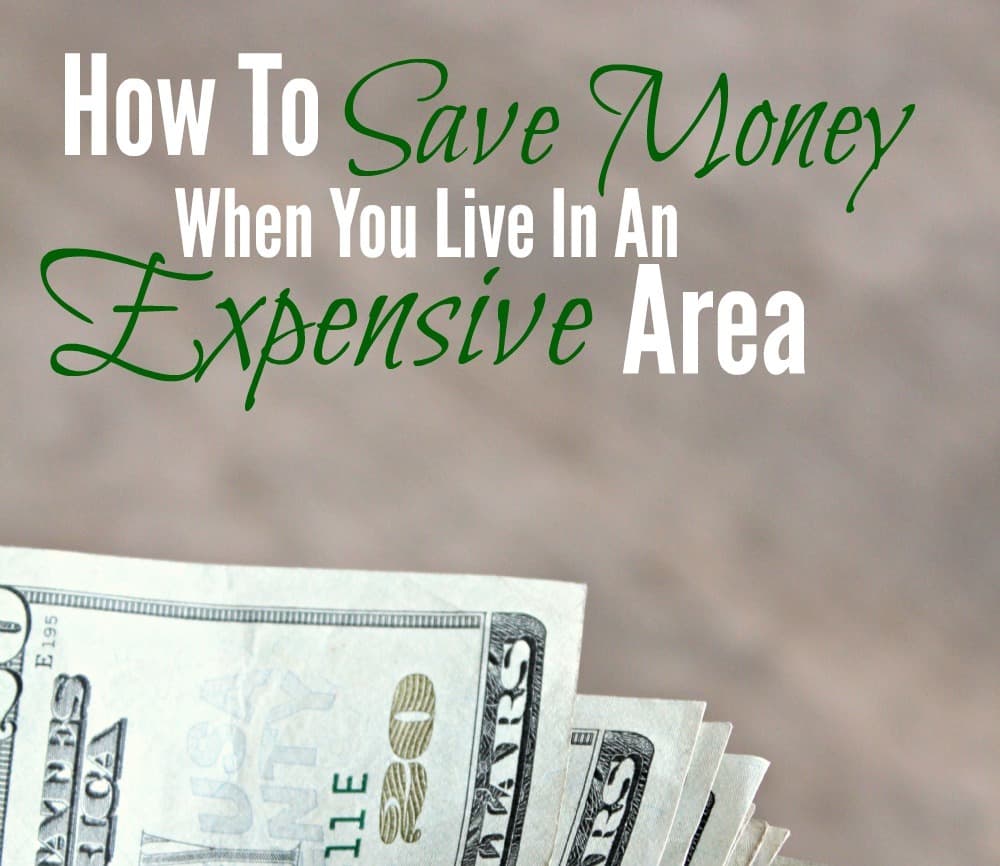 Image shows a short fan of twenty dollar bills against a grey background, with text above that reads "How to Save Money When You Live in an Expensive Area"