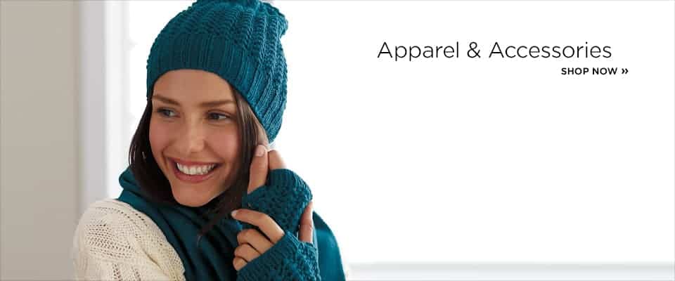 Image shows a woman with dark hair wearing a turquoise winter hat, gloves and scarf. Text reads "Apparel and Accessories"