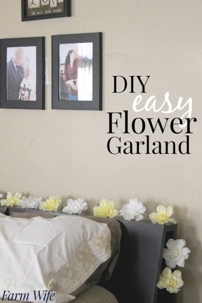 Image shows a bedroom with photos on the wall and a flower garland, with text that reads "DIY easy Flower Garland"