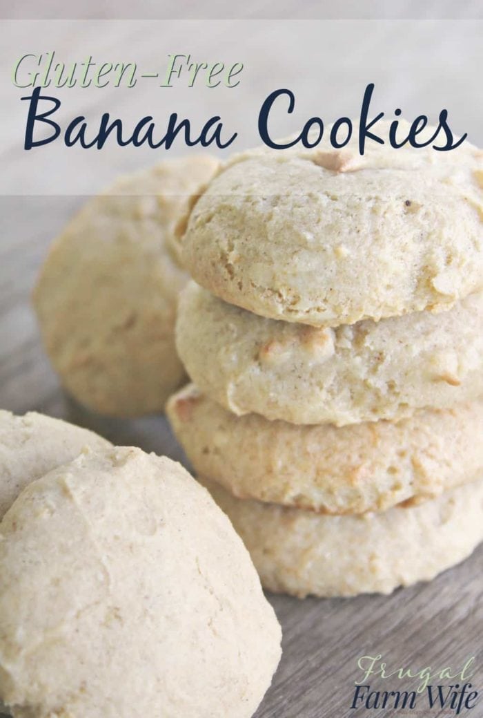 Image shows a stack of banana cookies with text that reads "gluten-free banana cookies"