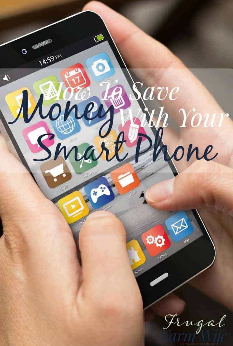 Image shows two hands holding a smart phone with two thumbs tapping the screen. Text overlay reads "How to Save Money with Your Smartphone"