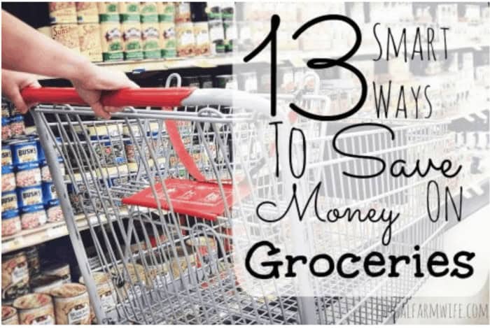 Image shows a metal shopping cart in a grocery store aisle with text overlay that reads "13 Smart Ways to Save Money on Groceries"
