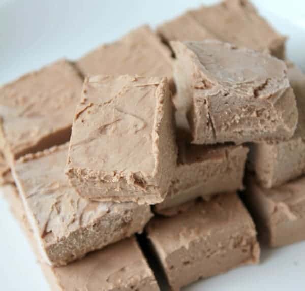 Photo shows a stack of chocolate fudge