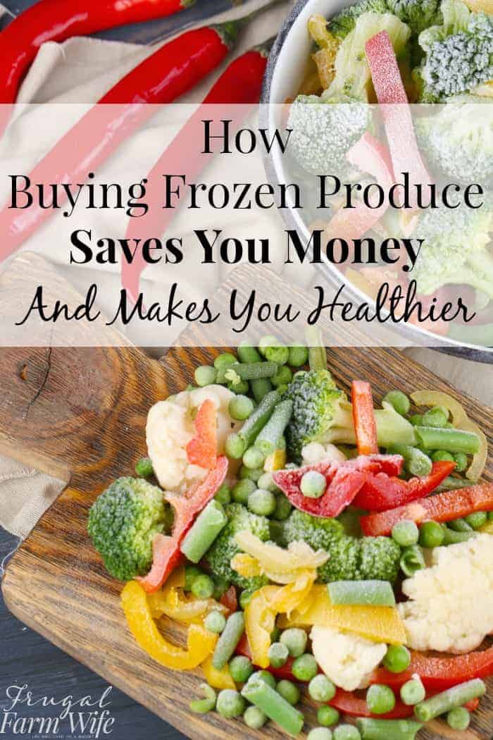 Image, taken from above, shows a bowl of frozen vegetables next to a wood board of frozen veggies. Text overlay reads "How Buying Frozen Produce Saves Your Money and Makes You Healthier"