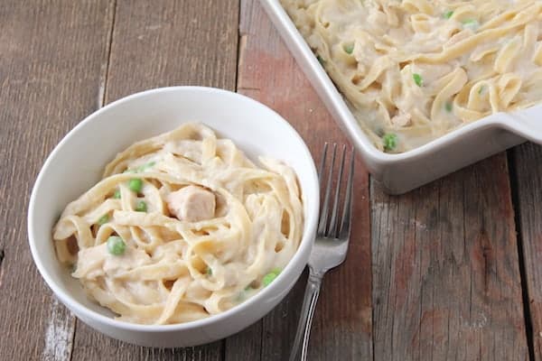 Image shows a bowl of tuna casserole on a table