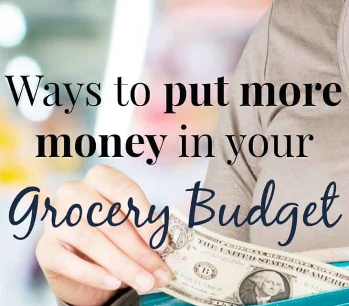 Image shows a woman's hand pulling a dollar bill from her wallet with text overlay that reads "Ways to put more money in your grocery budget"