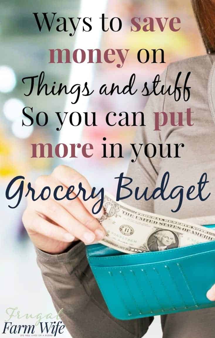 Imge shows a women pulling a dollar bill from her wallet, with text overlay that reads "Ways to save money on Things and stuff so you can put more in your grocery budget"