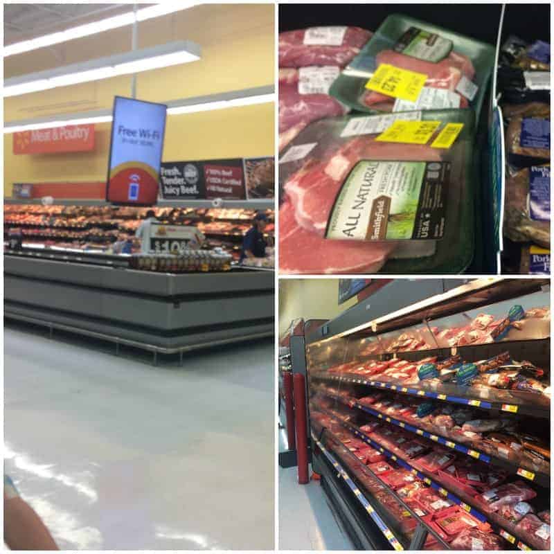 Image shows a collage of the meat aisle in the grocery store.