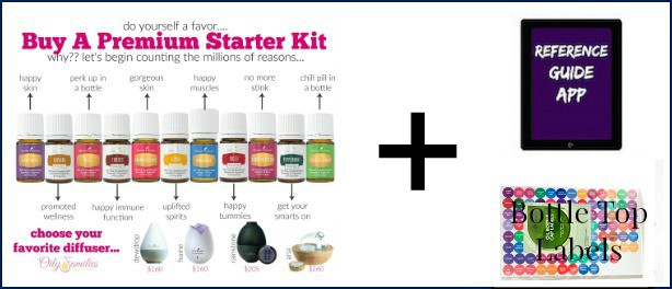 Image shows several bottles of Young Living Essential Oils with labels identifying each scent. Small images of various diffusers are below the bottles. Additional information on starter kits is displayed and linked.