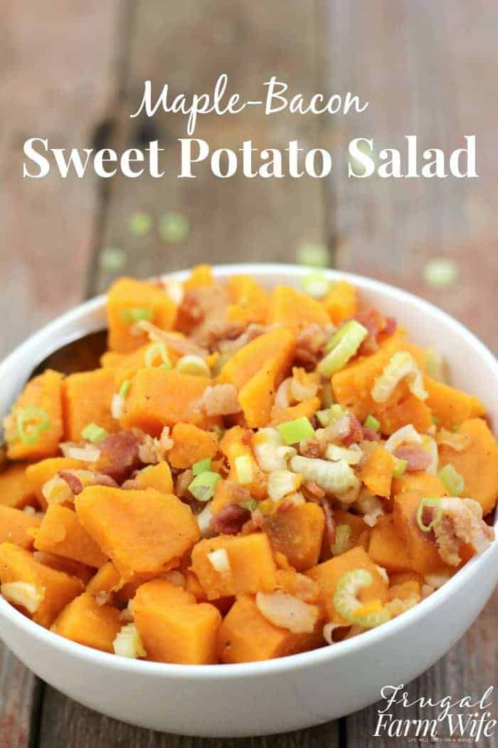 Image shows a bowl of sweet potato salad with text that reads "Maple-Bacon Sweet Potato Salad"